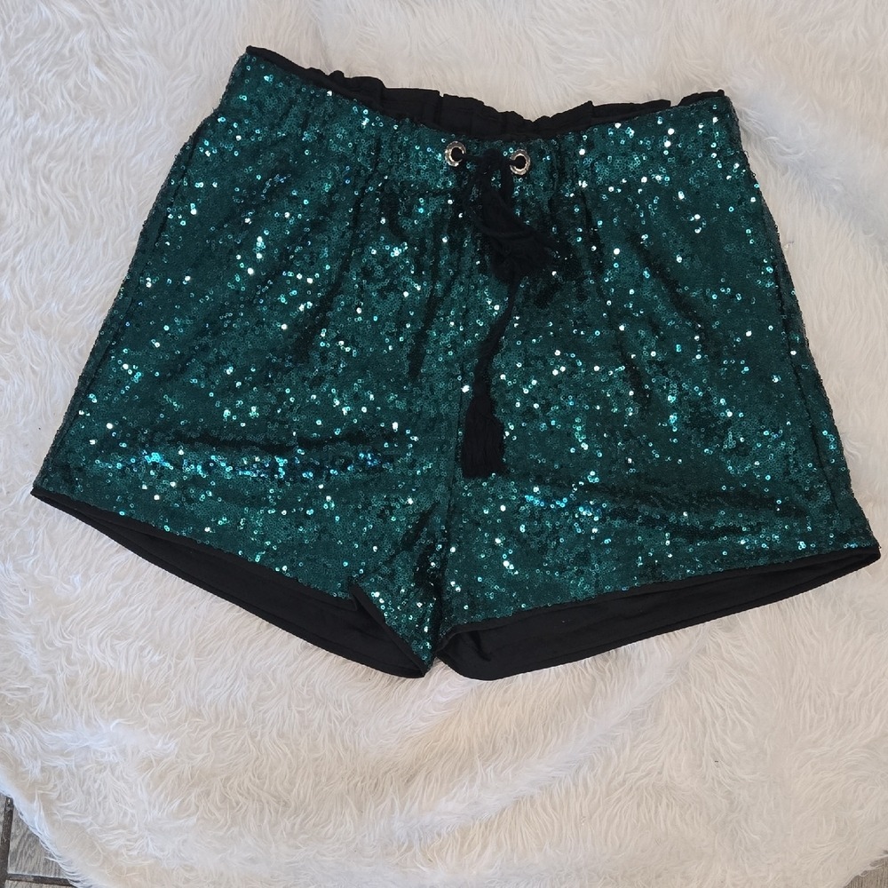 Breeze Ever Emerald Green Sequin‎ Tassel Drawstring Shorts Plus Size 2XL NWT